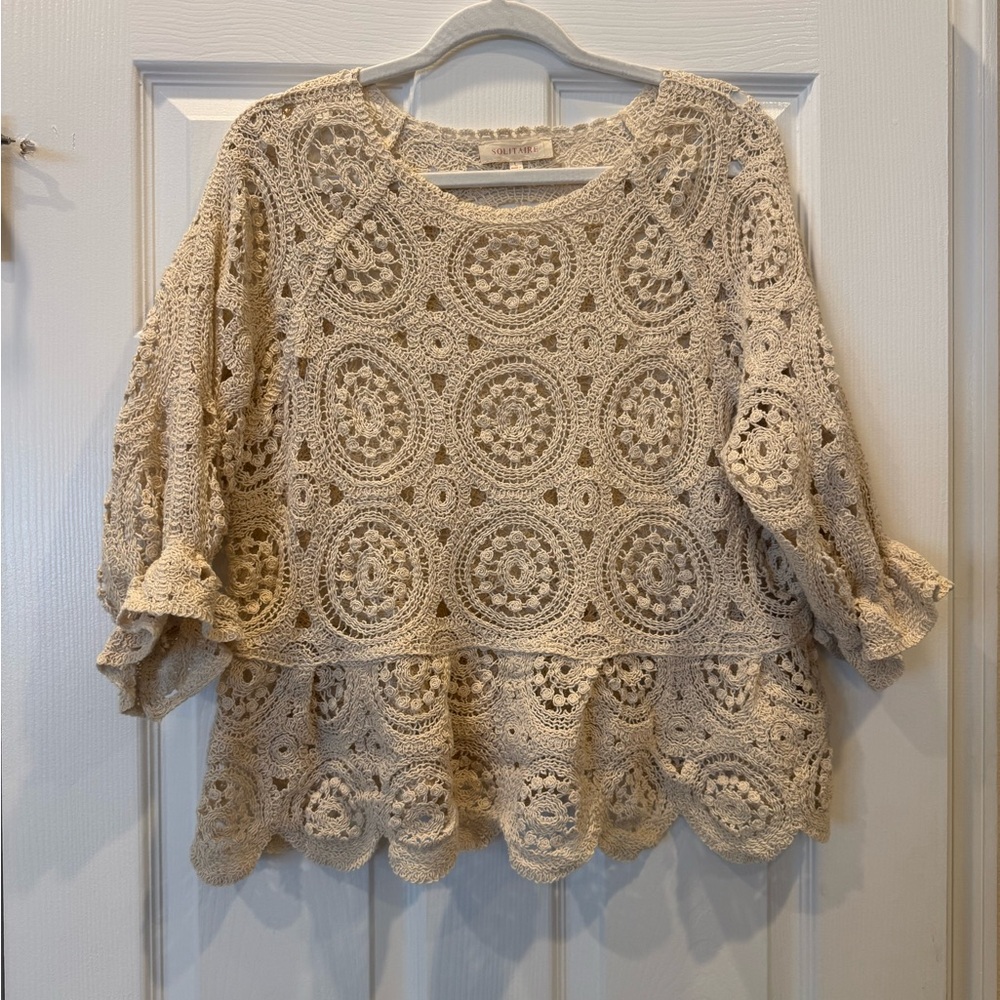 Solitaire Crochet Peplum Sweater Top - Cream